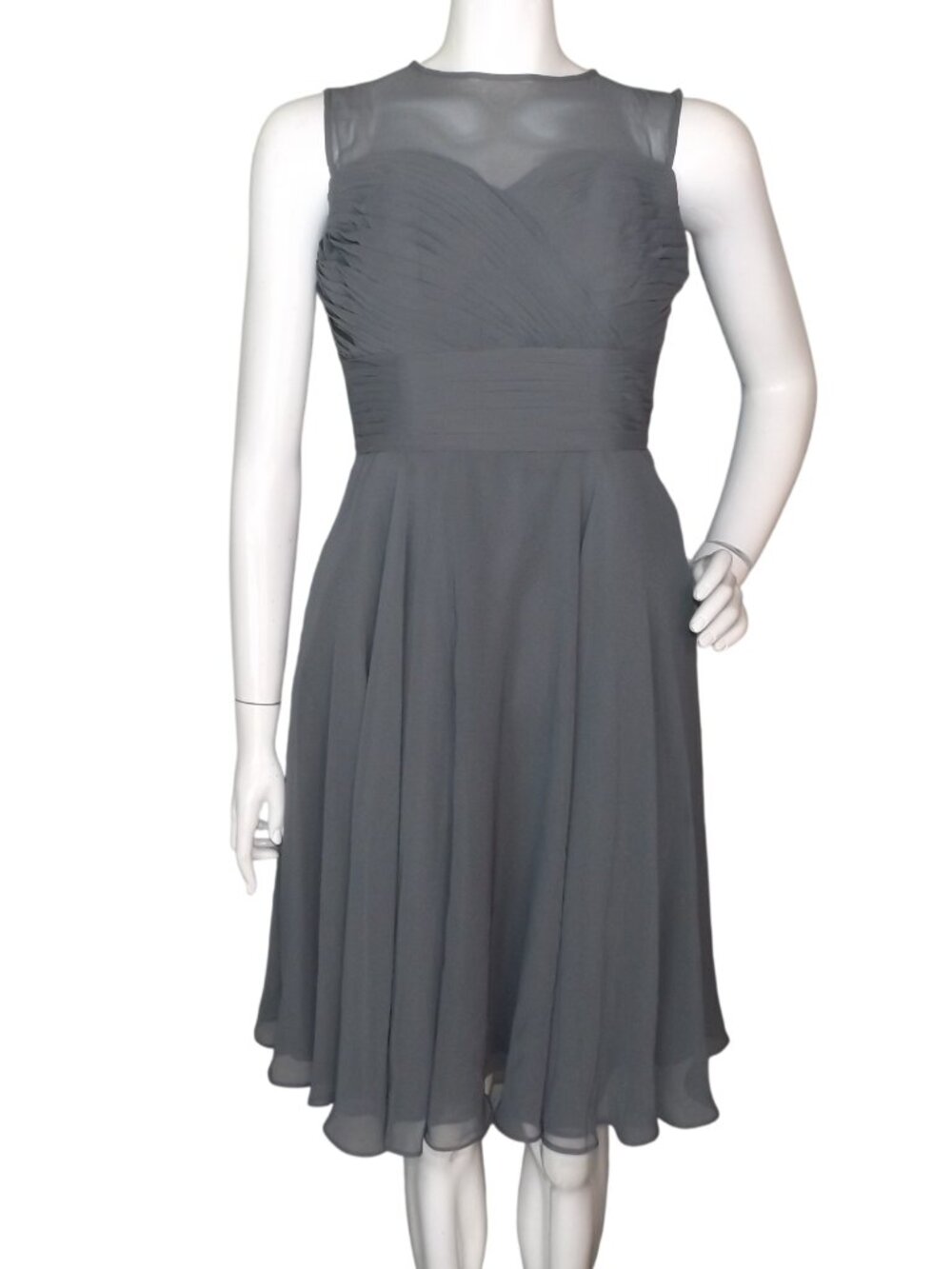 AZAZIE Dress, A8/Small, Grey, Pleated Bodice, Illusion Neck, Knee length, Flowy